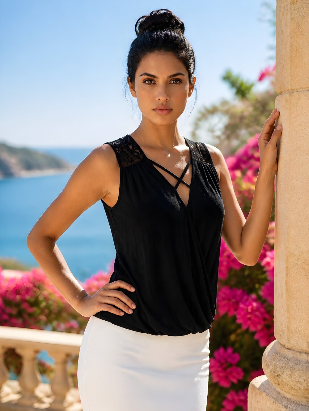 Free Kisses Sleeveless Black Lace-Trim V-Neck Top Size Medium